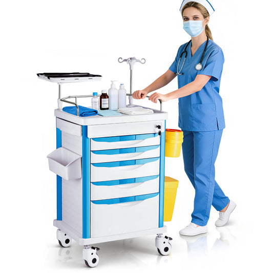 Deerplanet Crash Cart Medical ABS Material, Medical Cart with Drawers, Adjustable IV Pole, Silent Casters, Trash Bins, O2 Holder, Needle Disposal Holder, CPR Board, Nursing Cart for Hospital Clinic