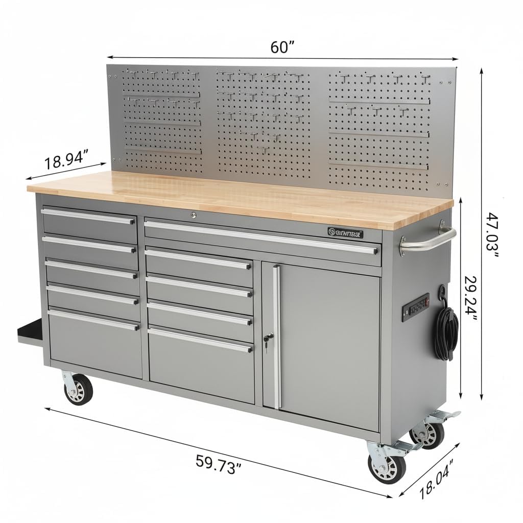 GarveeTech 61-Inch Rolling Tool Chest, 10-Drawer Heavy Duty Garage Workbench with Solid Rubber Wood Top, Power Strip, 1675 LBS Load Mobile Storage Tool Cabinet - Black Workstation