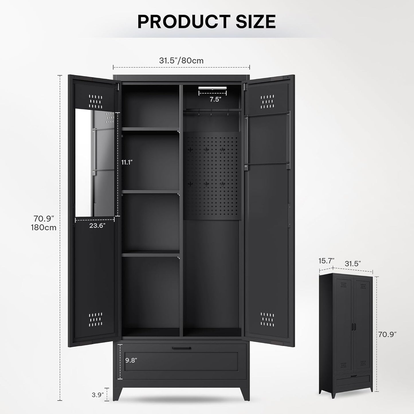 YITAHOME 71" Metal Garage Broom Cabinets with Adjustable Shelves, Vacuum Storage Cabinet with Doors and Drawer, Tool Storage Cabinet for Gym, Basement, Warehouse, Black, Metal