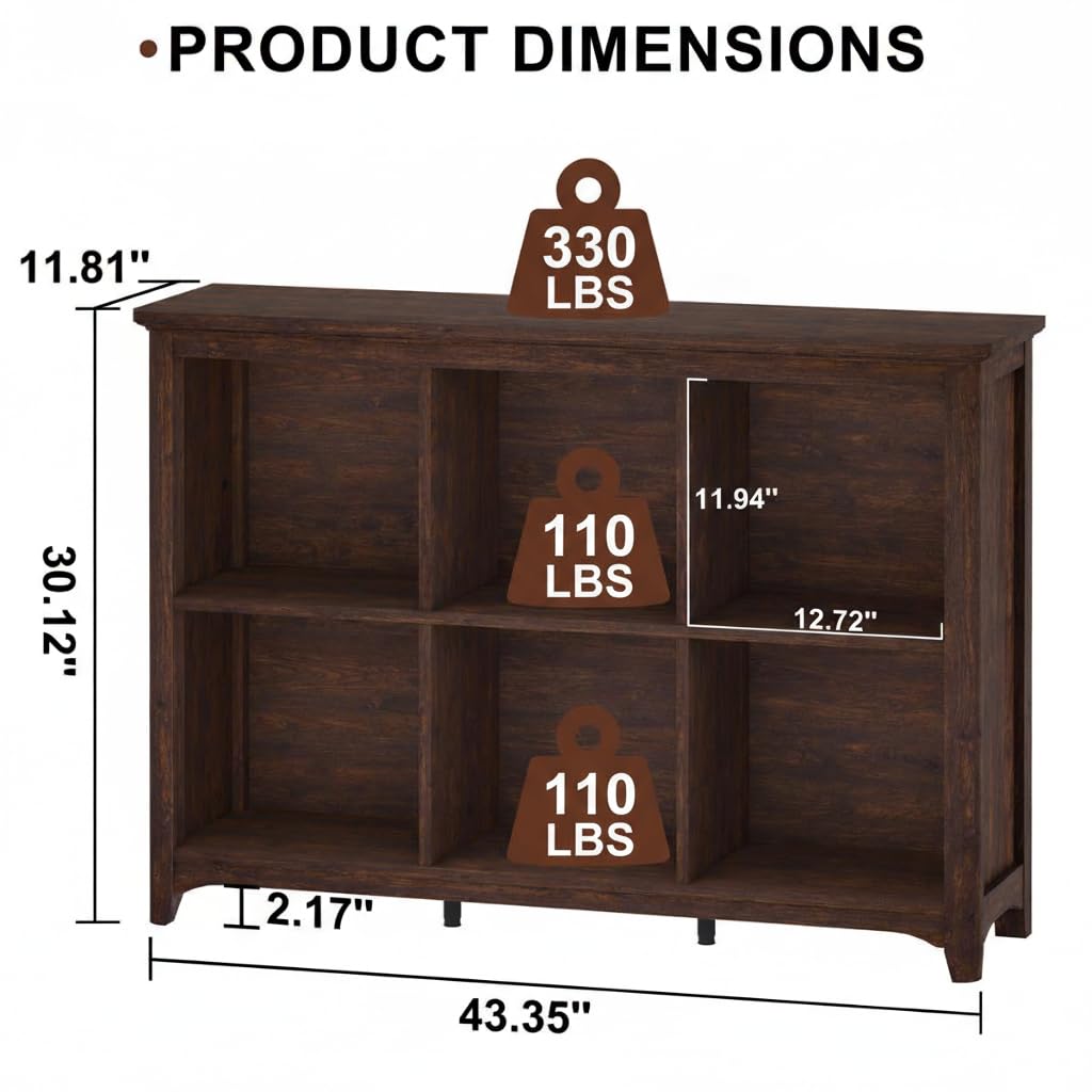 BON AUGURE 6 Cube Storage Organizer Book Shelf, Horizontal Bookshelf with Round Corners, Rustic Low Wooden Bookcase for Living Room, Bedroom, Office - Brown Cherry, 43" Wide
