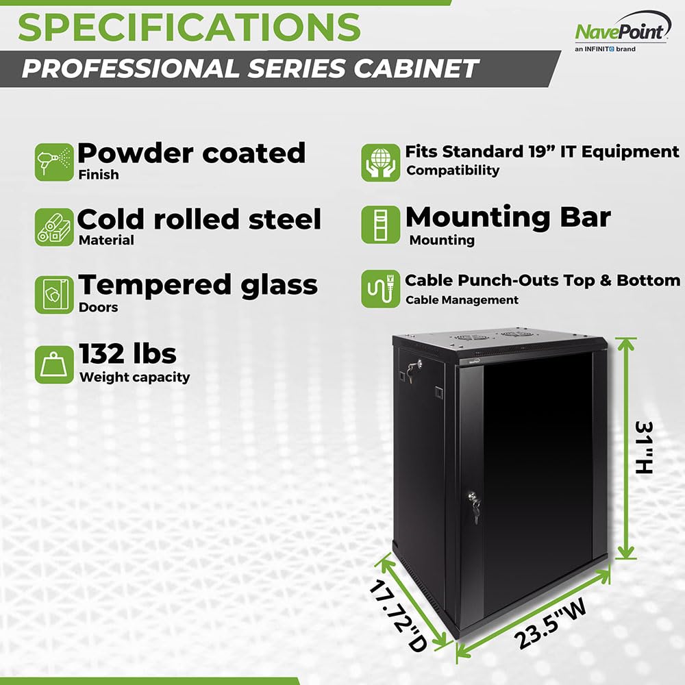 NavePoint 15U Server Rack Enclosure - 17.7” Deep, Wall Mount Network Cabinet with Locking Glass Door for 19” IT Equipment, Network Rack with 2 Fans, Removable Side Panels, Black