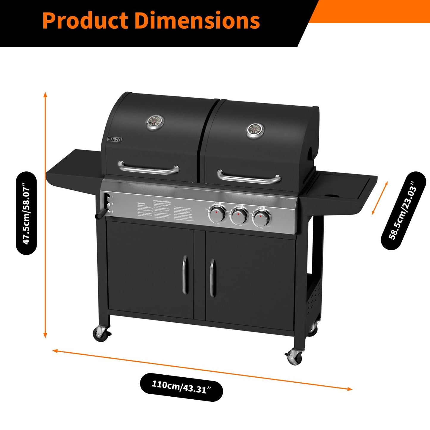 PeakPursuit Dual Fuel Gas & Charcoal Grill Combo – 24,000 BTU Main Disposables, 8,000 BTU Side Disposable, 690 Sq.In. Porcelain Grate, Stainless Steel, Storage Cabinet, Wheels – 24,000 BTU