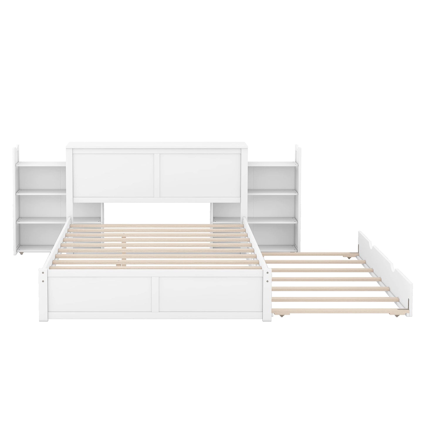 Acosure Queen Size Storage Platform Bed with Pull Out Shelves and Twin XL Size Trundle,Bedroom Wood Bed Frame W/Headboard,No Box Spring Required,for Kids Teens Girls Boys,White
