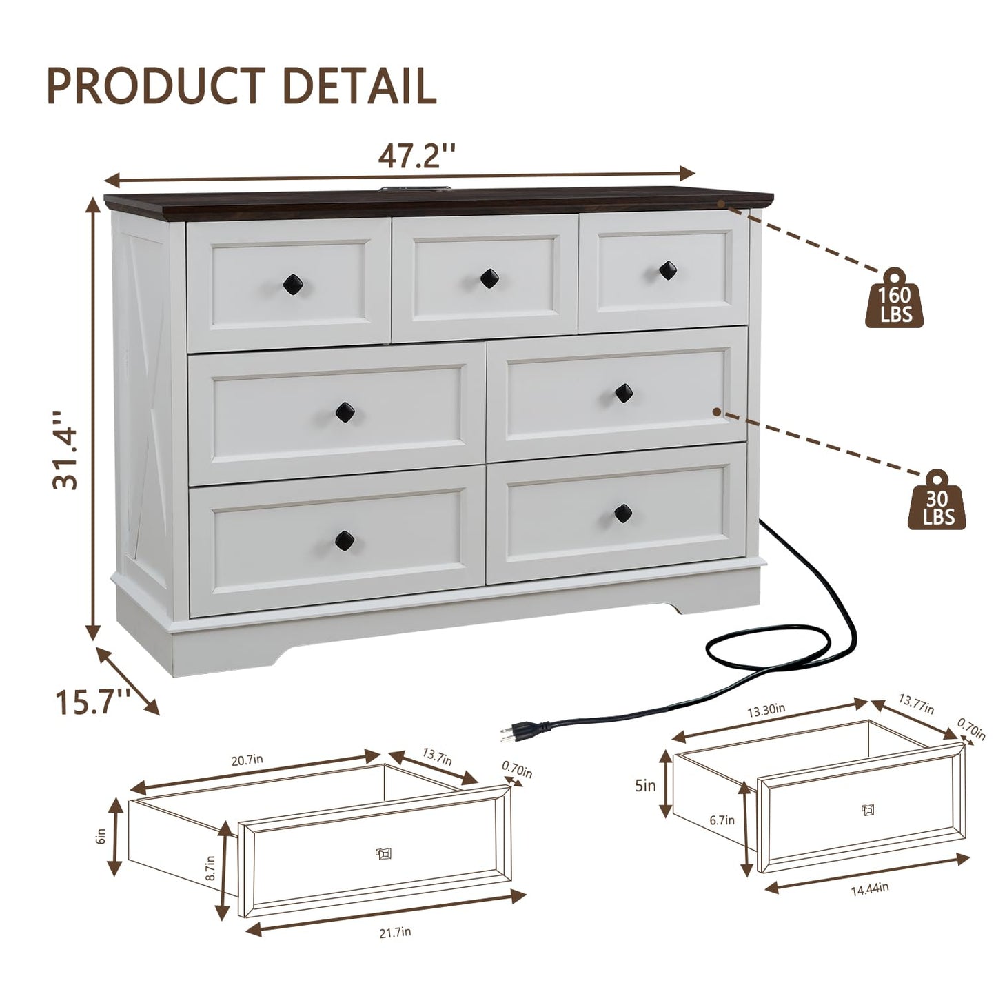 7 Drawers Dresser, Farmhouse Dresser Chest of Drawer for Bedroom, Modern Wood Drawers Dressers with Charging Station, Chest of Drawers Storage Cabinet for Living Room, Entryway, Hallway, White