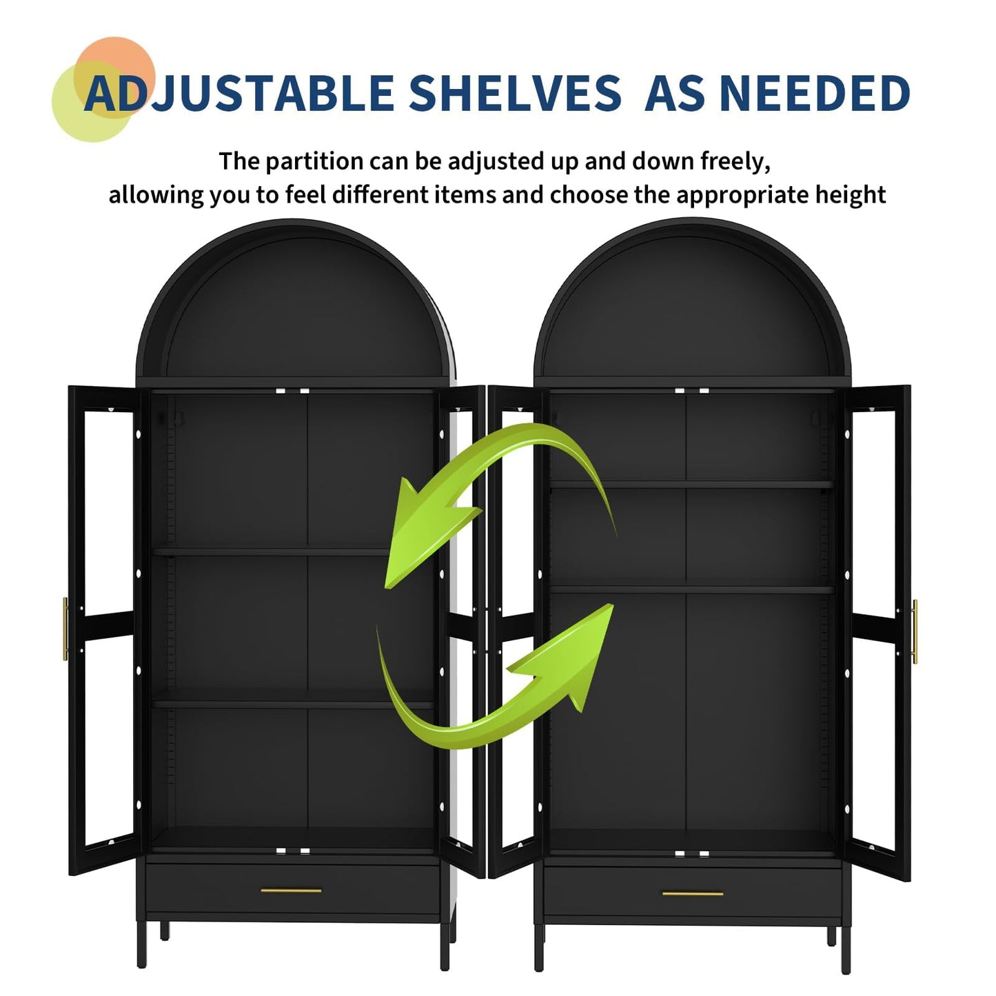 IDEALHOUSE 73" Tall Arched Metal Storage Cabinet with Glass Doors and Drawer, Freestanding Pantry Cabinet, Adjustable Shelves, Modern Display Bookshelf for Living Room, Dining Room, Kitchen, Black
