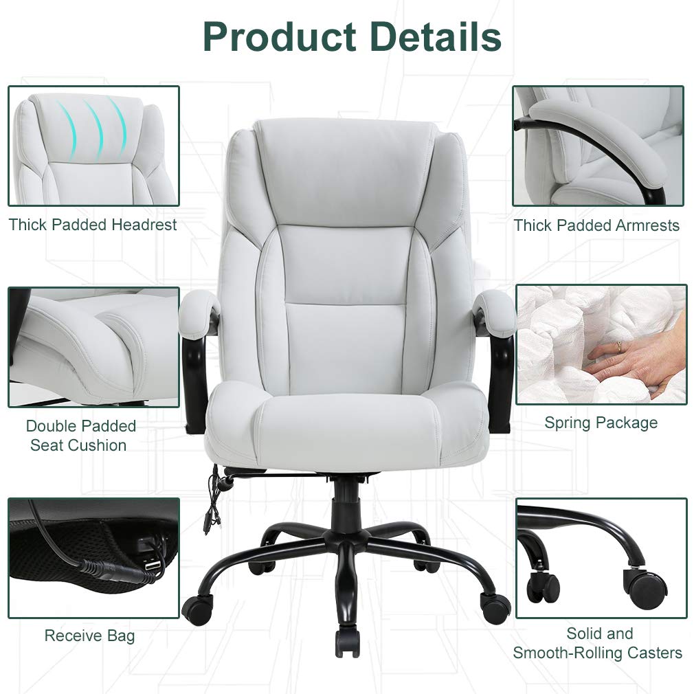 Office Chair Desk Chair Computer Chair with Lumbar Support Headrest Armrest Swivel Rolling PU Leather Task Big and Tall 500lb Wide Seat Massage Ergonomic Chair Adjustable for Adults Women(White)