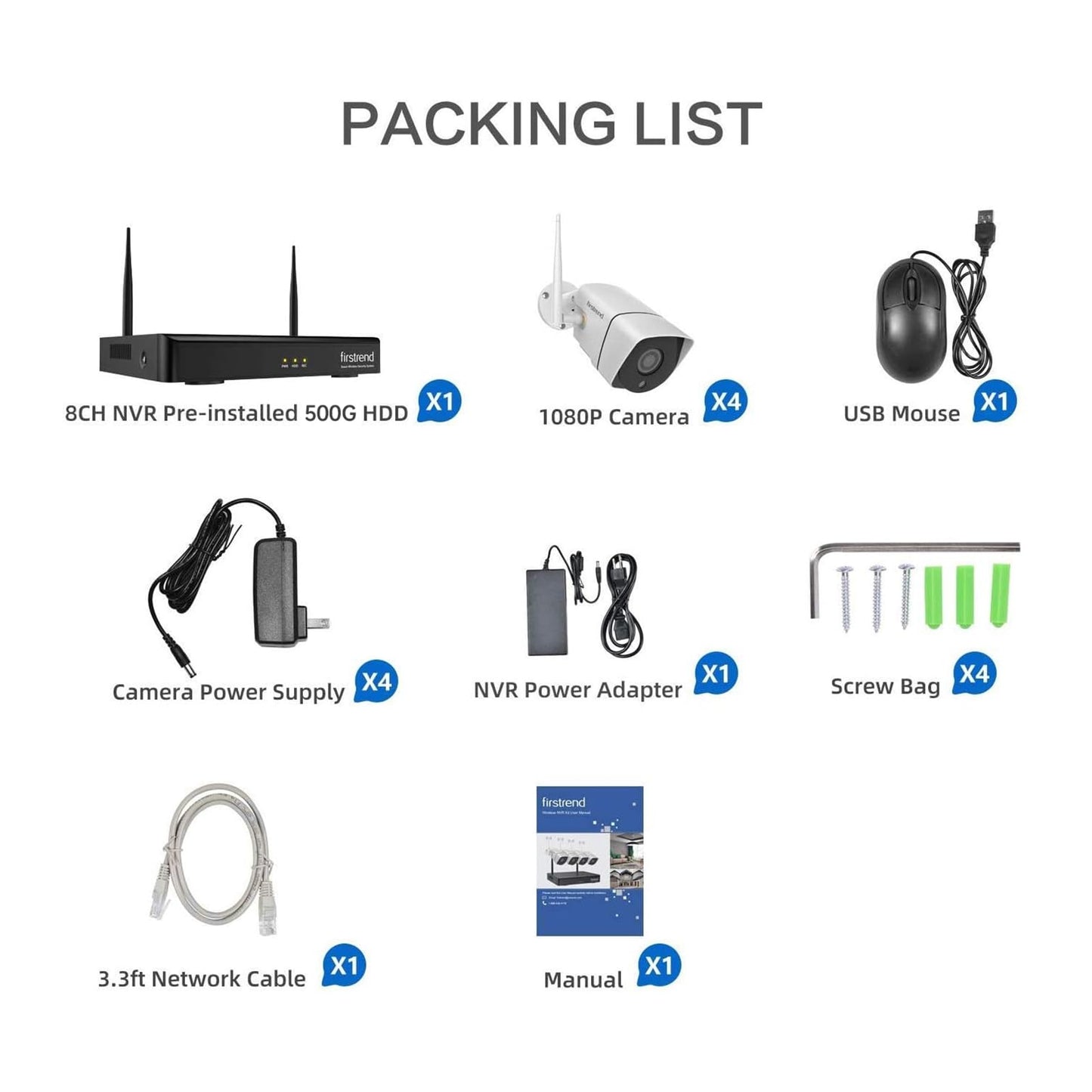 2026 Update Firstrend Wireless Security Camera System Outdoor, 2 Way Audio& Human Detection, 8CH System with 4pcs WiFi IP CCTV Cameras for Home Security,IP66 Waterproof,24/7 Recording,No Monthly Fee