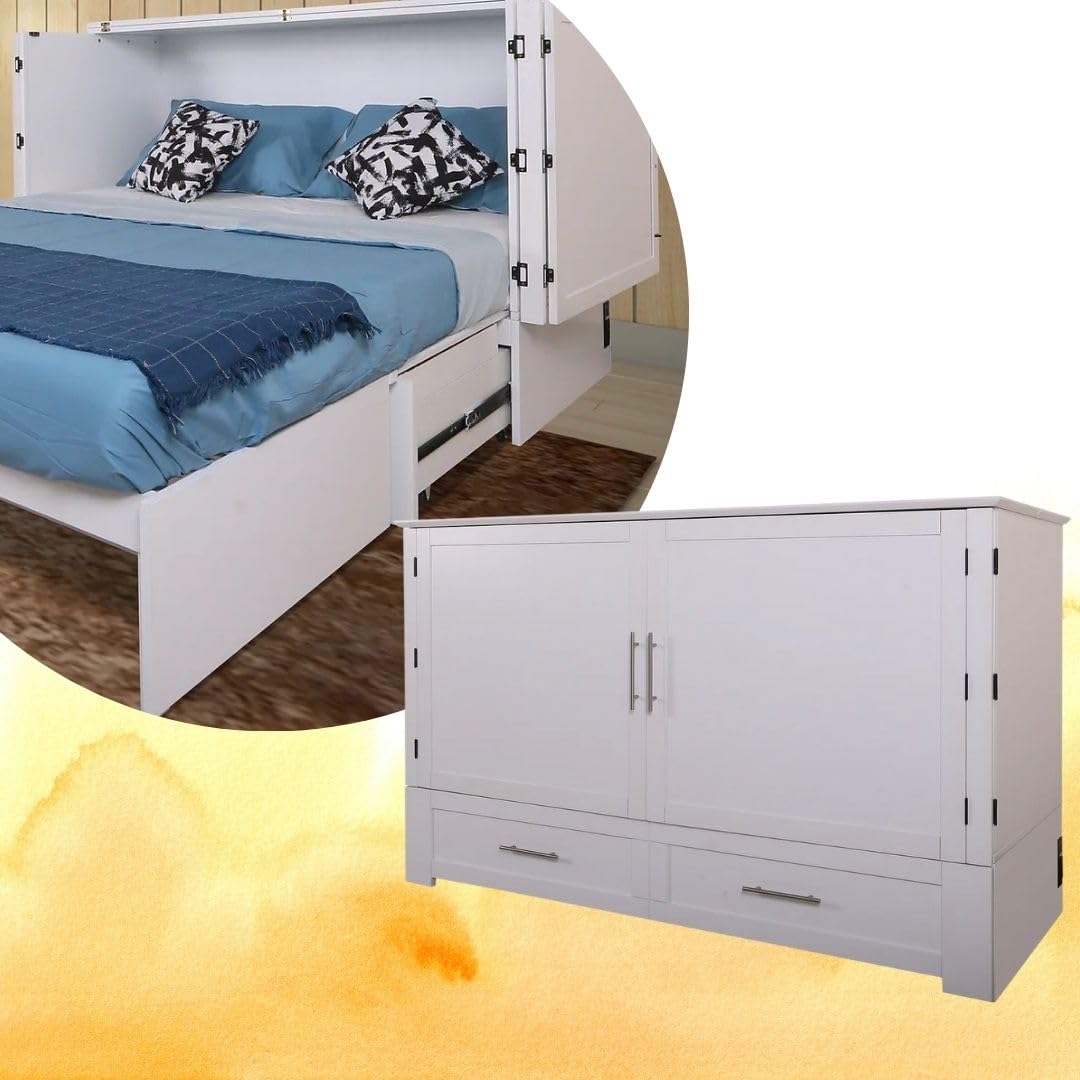 Mega Solutions Emurphybed Daily Delight Murphy Cabinet Chest Bed with Charging Station 6 Inch, (Queen, White)