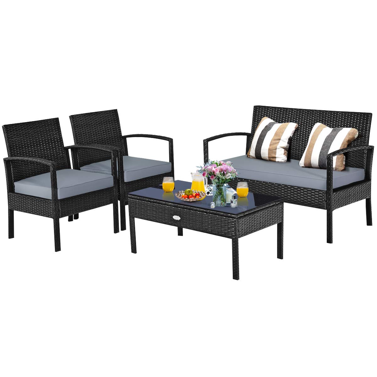Tangkula 4-PCS Wicker Patio Conversation Furniture Set, Outdoor Rattan Chair and Table Set, Patio Furniture Sets with Coffee Table & Washable Cushions for Courtyard Balcony Garden (1, Black)