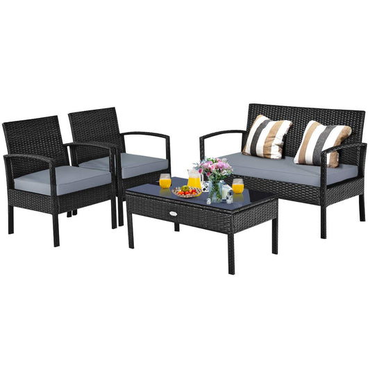 Tangkula 4-PCS Wicker Patio Conversation Furniture Set, Outdoor Rattan Chair and Table Set, Patio Furniture Sets with Coffee Table & Washable Cushions for Courtyard Balcony Garden (1, Black)