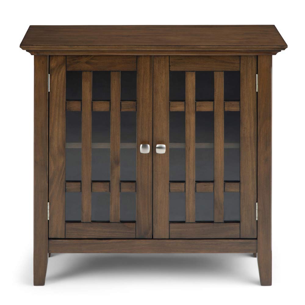 SIMPLIHOME Bedford Storage Cabinet - 32 inch Wide Solid Wood Low Media Cabinet in Rustic Natural Aged Brown, Transitional Console for Living Room, Entryway, or Dining Room with Glass Doors and Shelves