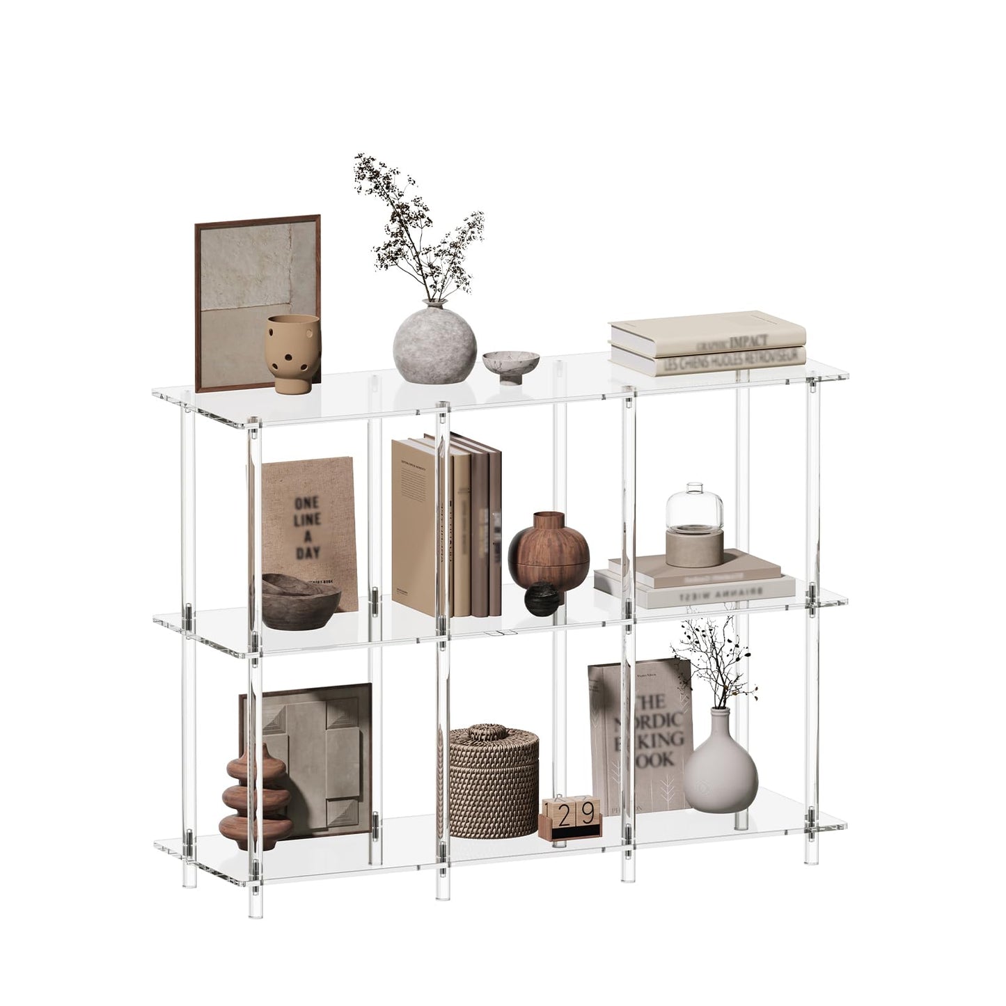 CRTERICX Acrylic Horizontal Bookshelf, 11.6" D x 35.4" W x 26.5" H, 3-Tier Clear 6 Cube Organizer Bookcase, Open Low Book Shelf for Home Office, Living Room, Bedroom, Modern, Easy Assembly