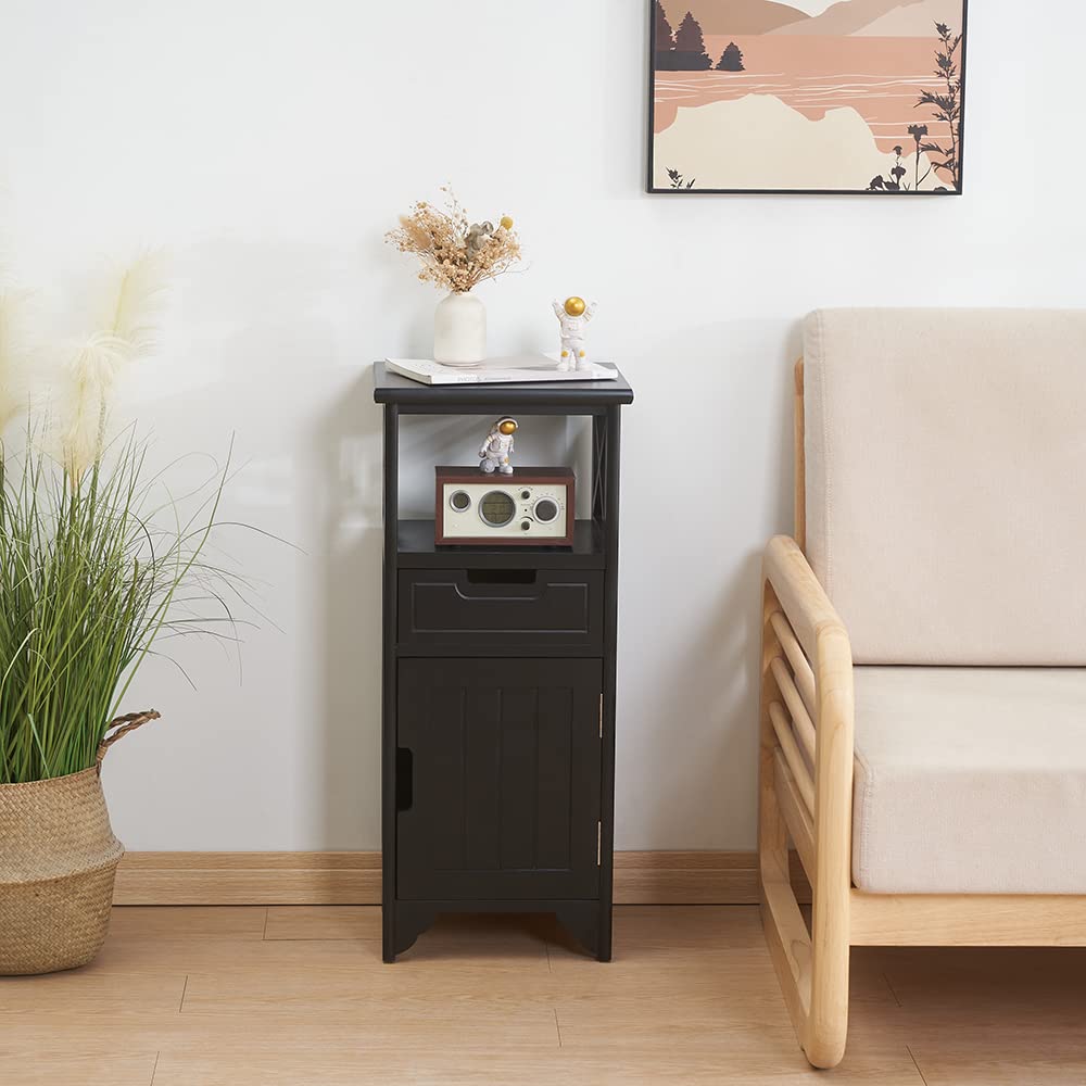 BECTSBEFF Assembled 30in Height Nightstand, Pre- Assembled Bathroom Floor Cabinet with Shelf and Storage Drawer, Black Tall End Table No Assembly Chest for Living Room Bedroom