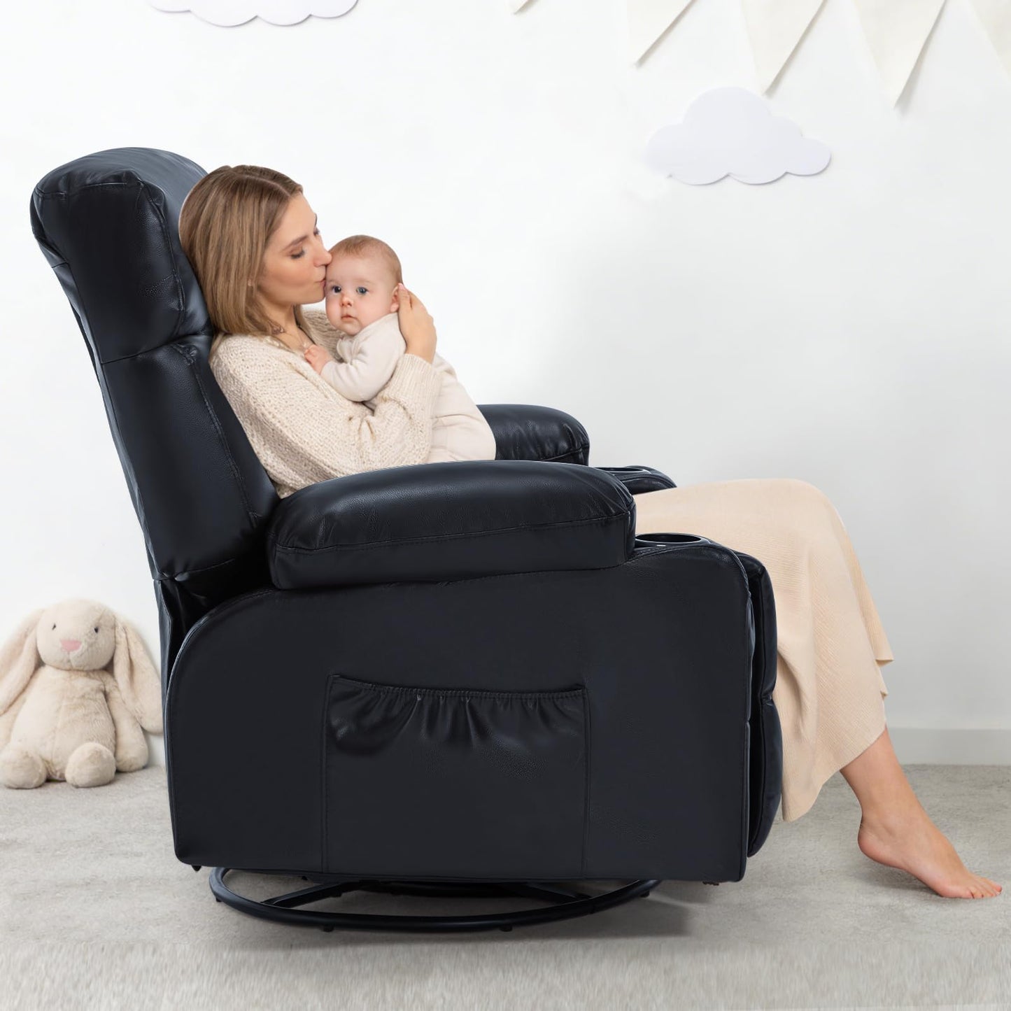 Comermax Rocker Recliner Chair with Heat and Massage, Wide Seat Heated Massaging Reclining Chair, Faux Leather Manual Swivel Rocking Recliners with Cup Holder, Black