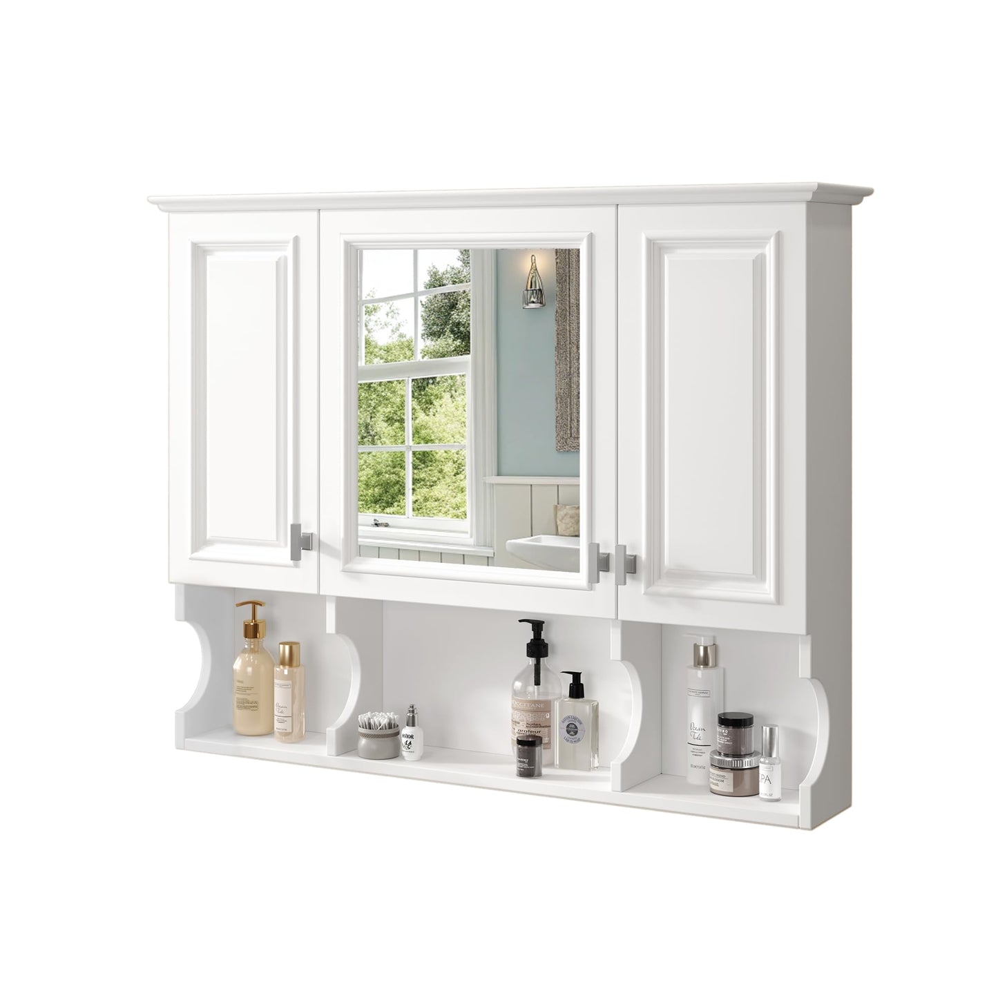 Merax Bathroom Wall Cabinet with Mirror, Wall Mounted Medicine Cabinet with Adjustable Shelves and Open Spaces, 35" x 28" Mirrored Door Over The Toilet Bathroom Storage Cabinet