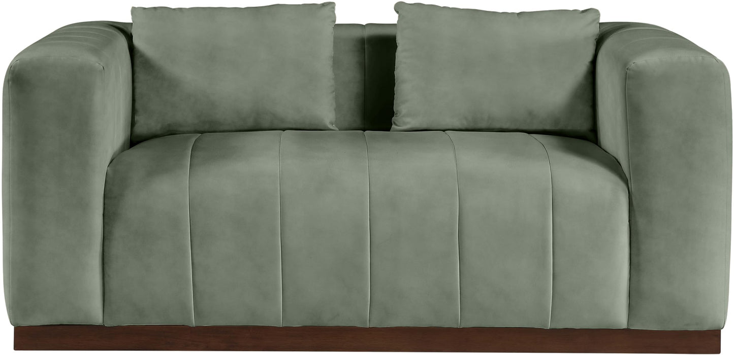 Meridian Furniture 44098Green-L Mallina Collection Modern | Contemporary Loveseat with Soft Green Vegan Leather, Walnut Finish Solid Wood Base, Deep Channel Tufting, 67" W x 36" D x 28.5" H, Green