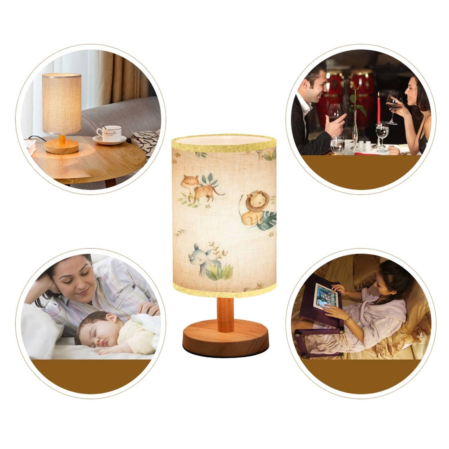 LOPYEIJFG Bedside Table Lamp, Wood Base, Flaxen Fabric Shade, 5.5x11inch, Cute Safari Animals Design
