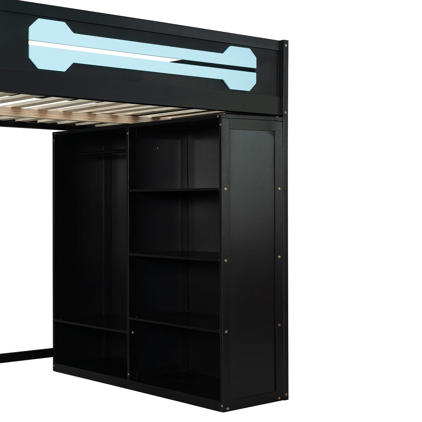 Merax Full Size Loft Bed with Desk and Open Wardrobe, Wooden Gaming Loft Bed Frmae with Light and Charging Station, Space-Saving Bed with Safety Guardrail, No Box Spring Needed, Blue