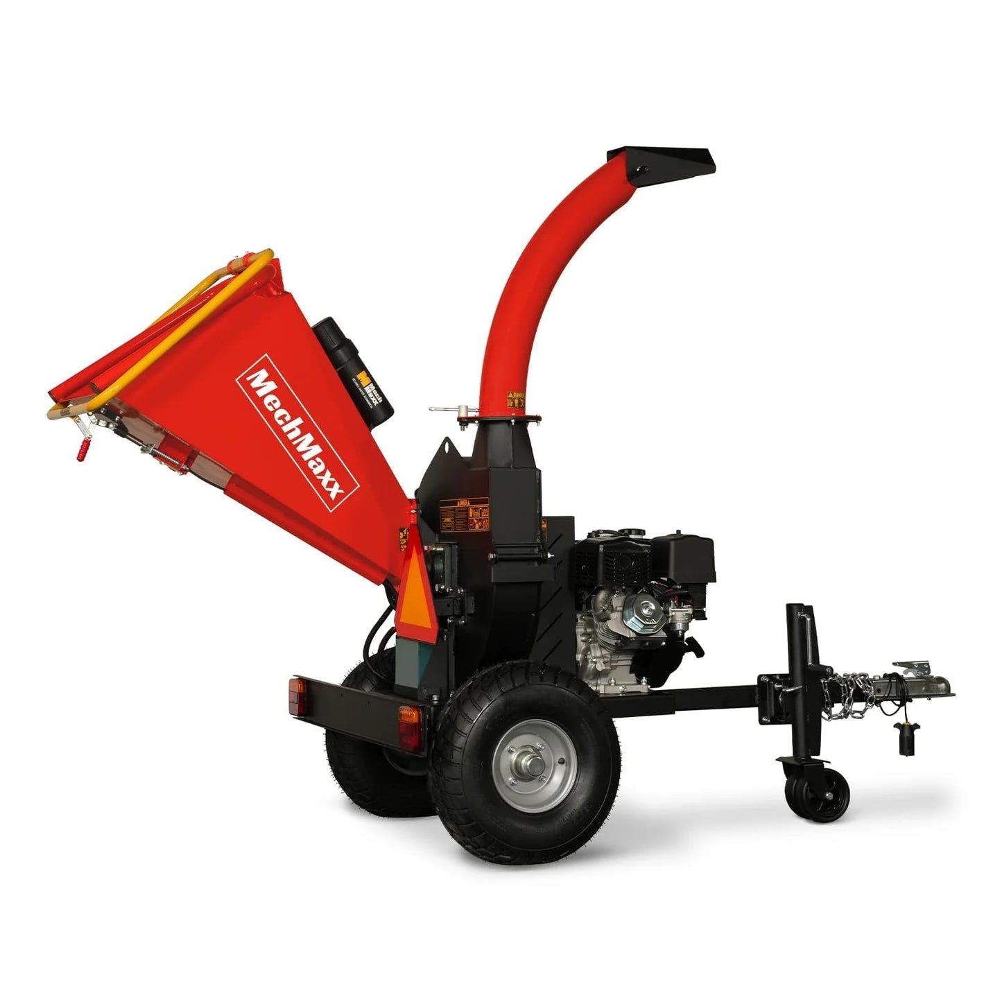 MechMaxx 5'' Inch E-Start 420cc 15hp Gas Powered Wood Chipper Shredder Mulcher with Tail Light, Towbar, Emergency Stop Button, Stop Bar, Model P4205 Red