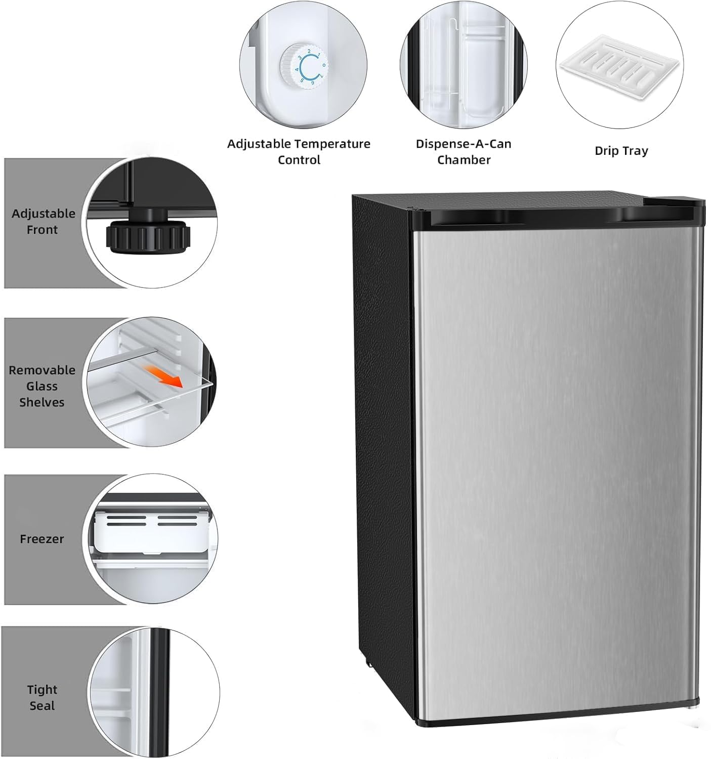 COWSAR 3.2 Cu.Ft Mini Fridge with Freezer, Reversible Door Compact Refrigerator with 7-Speed Thermostat, Small Fridge for Office Dorm, Upright Freezer Style (STEEL)