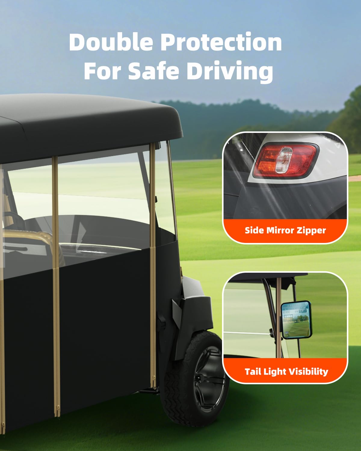 Golf Cart Cover Enclosure 4&6 Passenger, Golf Cart Cover for Yamaha Club Car EZGO, Waterproof 600D Oxford Rain Cover, Transparent Tail Light Panel, Foldable Door,4-Sided Clear Windows