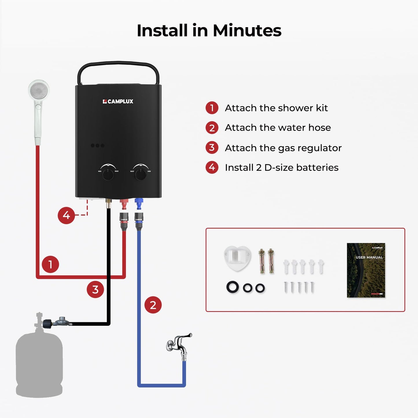 CAMPLUX 1.32 GPM Portable Water Heater, 5L Tankless Water Heater Propane Outdoor, AY132B, Black