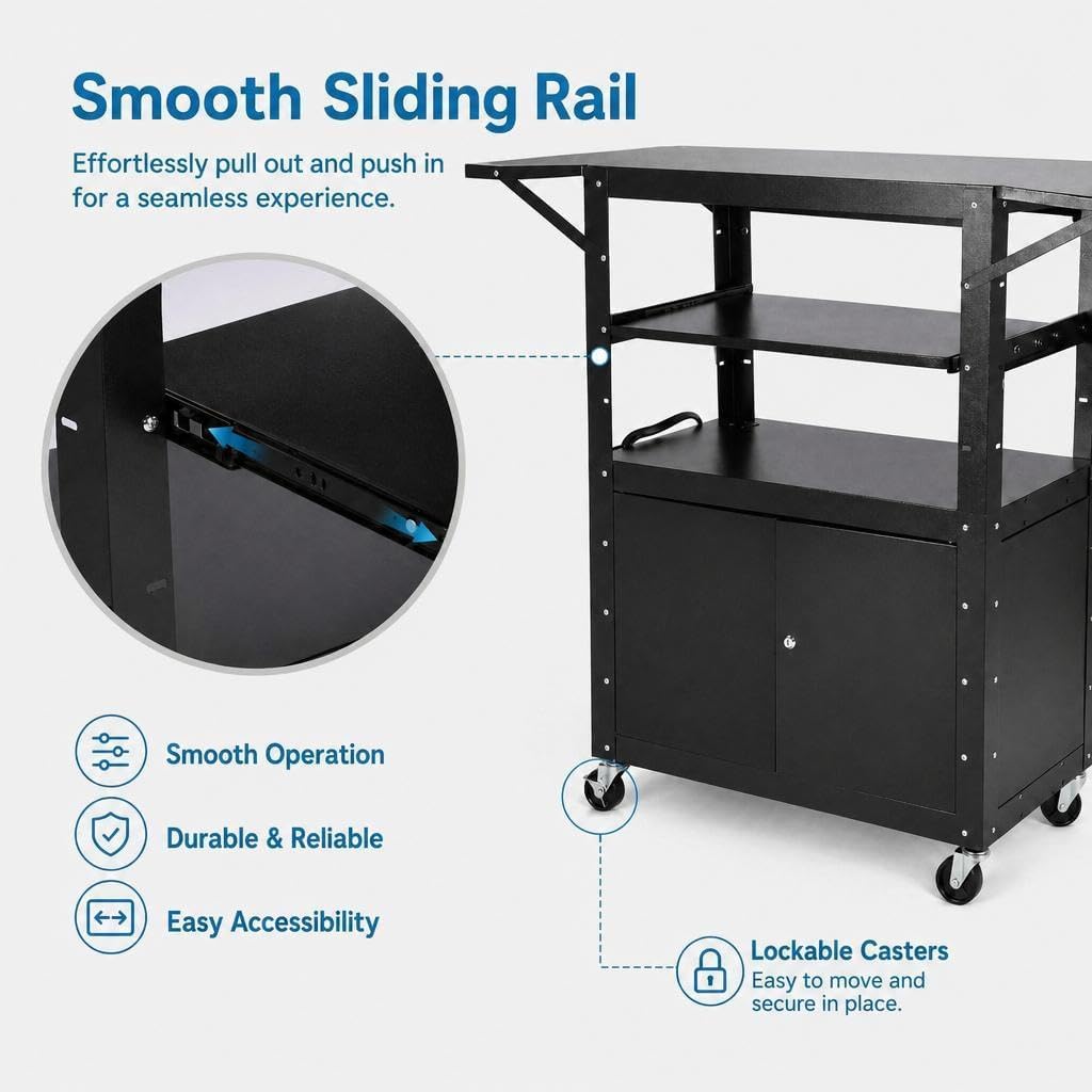Rolling AV Cart with Locking Cabinet, Laptop Stand, and Drop Leaves, Height Adjustable Mobile Utility Cart Workstation with Extra Storage Space, Power Strip