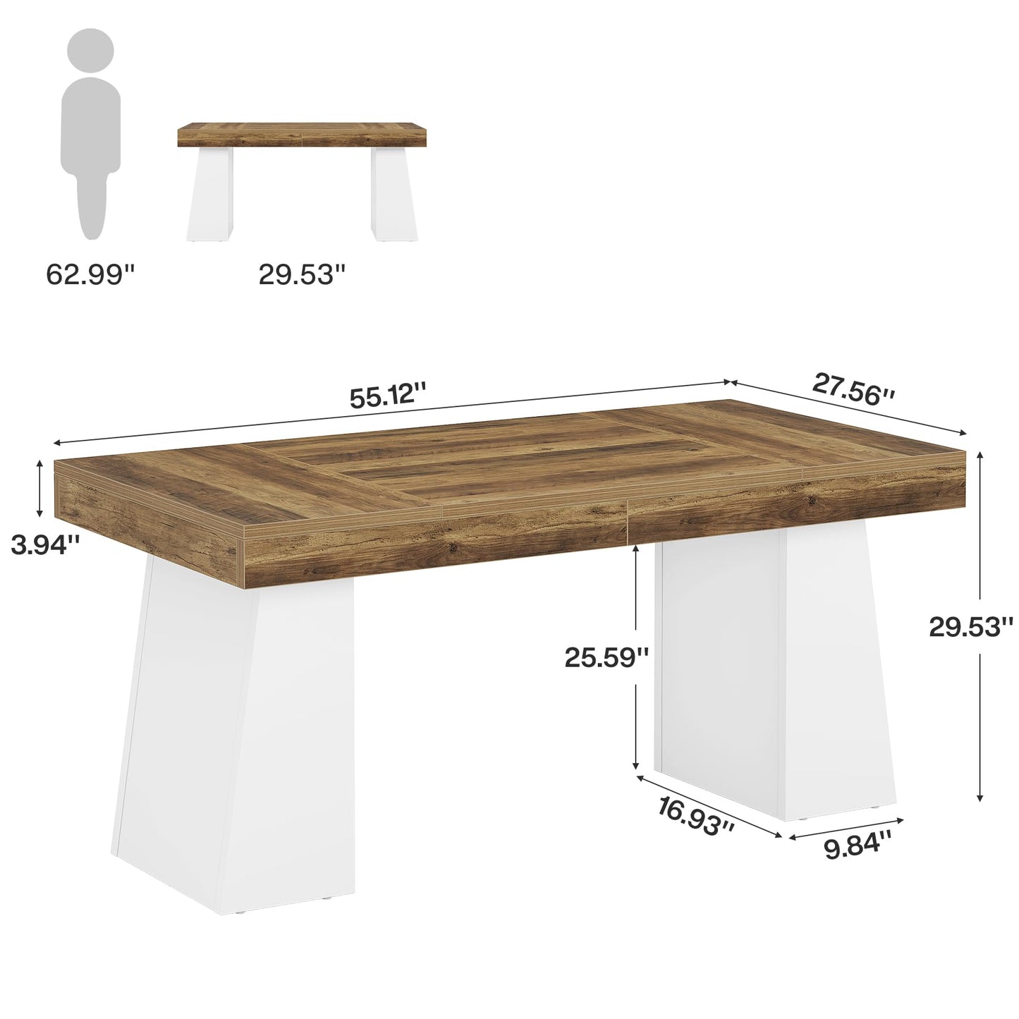 Tribesigns 55" Executive Desk, Wooden Office Desk with Double Pedestal, Modern Simple Computer Writing Table for Home Office, Brown & White