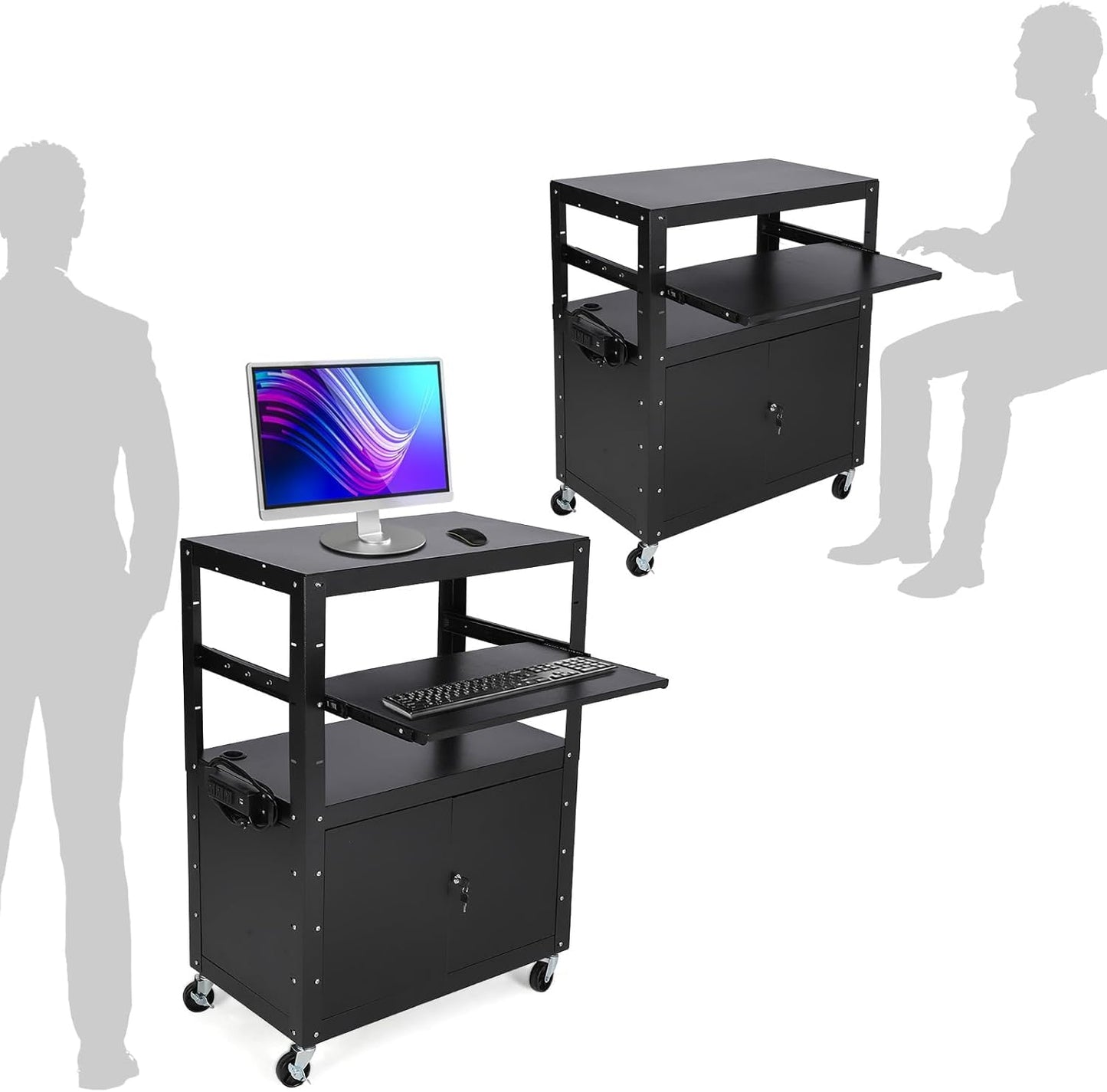 GAOMON Rolling AV Cart with Locking Cabinet, Laptop Stand, and Drop Leaves, Height Adjustable Mobile Utility Cart Workstation with Extra Storage Space, Power Strip