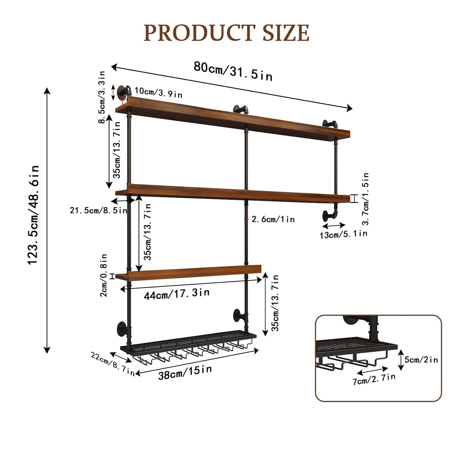 31.5in Large Solid Wood Wine Rack Wall Mounted, Wall Bar Shelves for Liquor Bottles with LED Light, 4 Tier Wine Glass Rack Capacity Liquor for Bar Living Room Dining Room Kitchen Cafe (31.5in/80cm)