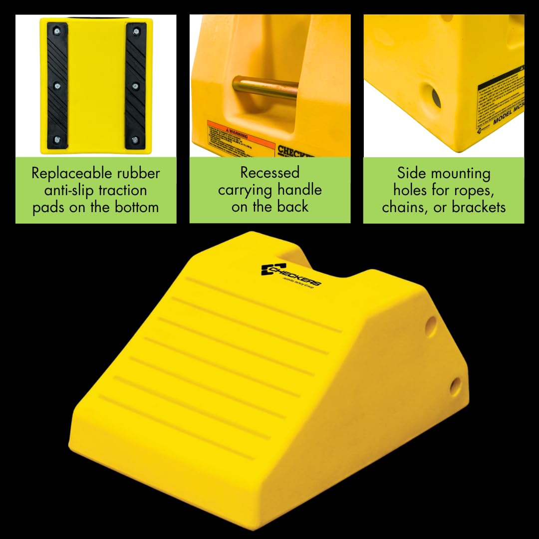 Checkers Heavy Duty Wheel Chocks for 95"-142" Tires, One Large Tire Chock for Haul Trucks, Loaders, and Cranes, 427 Ton Capacity, Lightweight HDPE, Made in the USA, Yellow, MC3012