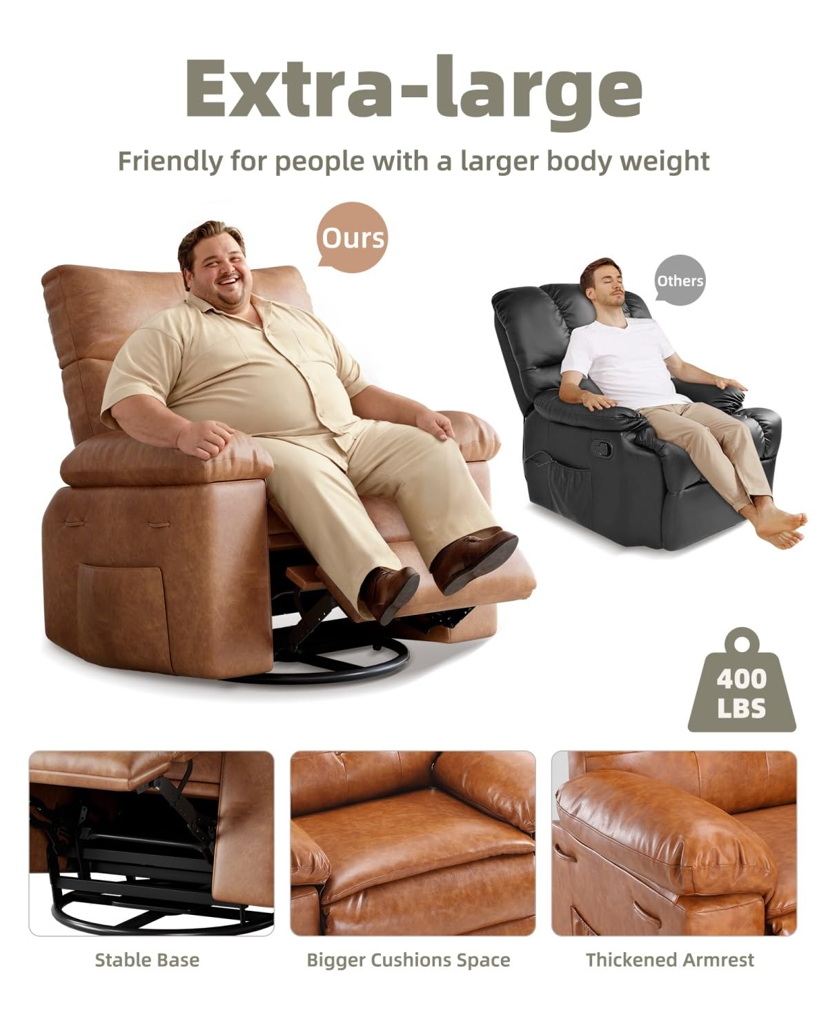 GarveeHome Oversized Recliner Chairs with Heat and Massage - 360° Swivel Lazy Boy Recliner Chair for Adults- Manual Rocking Chair with Remote Control for Living Rooms, Bedrooms and Nurseries - Coffee