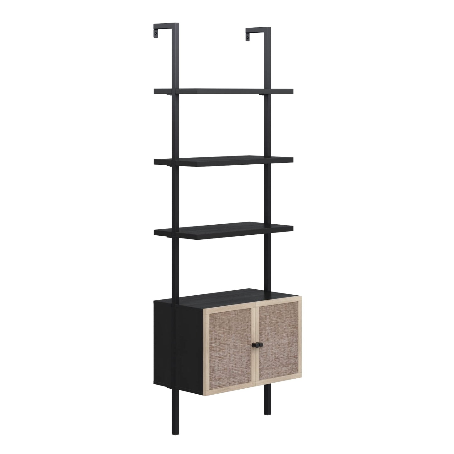 Nathan James Theo Modern Bookcase with Rattan Cabinet in Matte Black and Light Oak Finish with Matte Black Metal Frame for Living Room, Home Office Storage