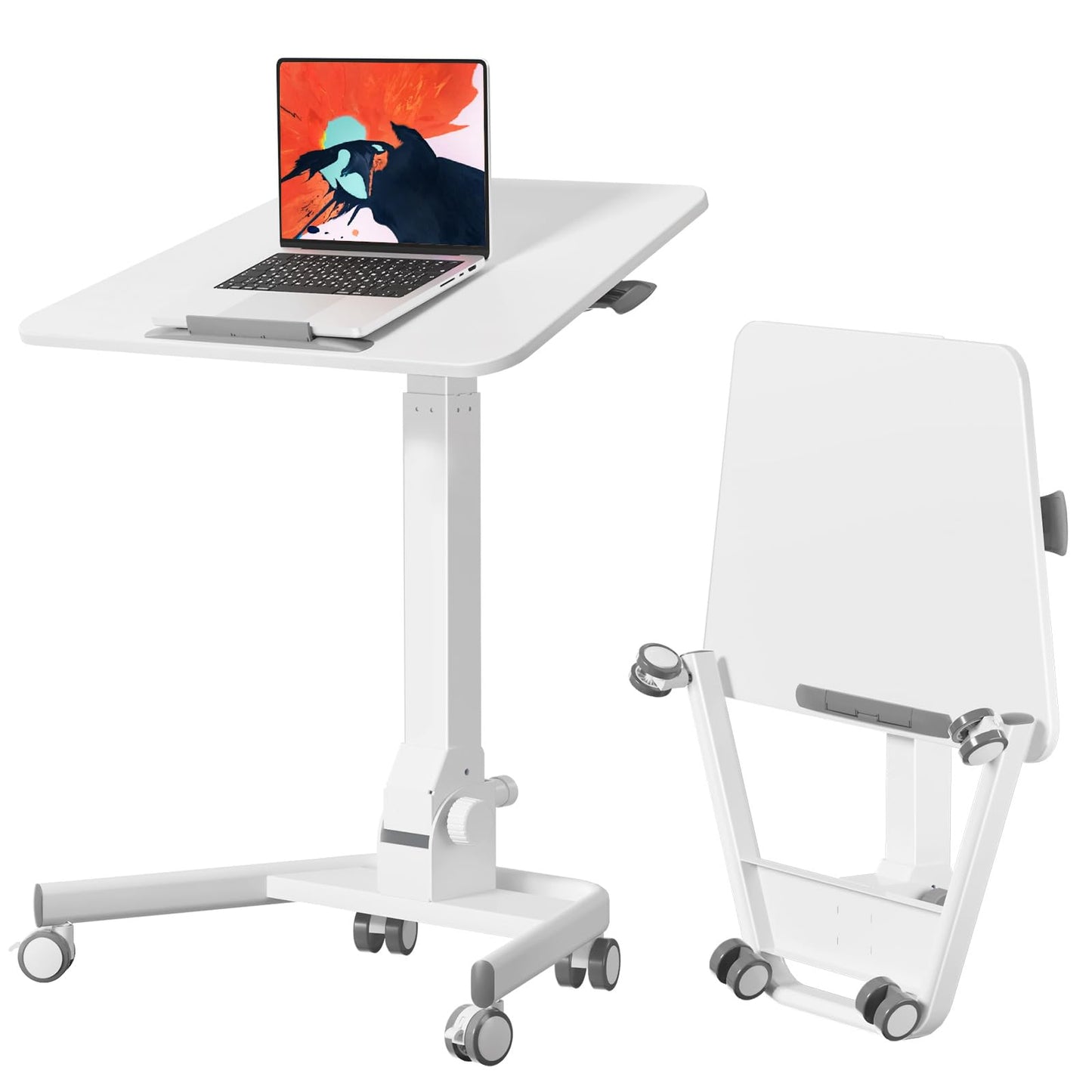 JYLH JOYSEEKER Foldable Mobile Standing Desk, 90 Tiltable Rolling Standing Desk, Height Adjustable Portable Laptop Workstation for Home Office, Easy to Fold, White