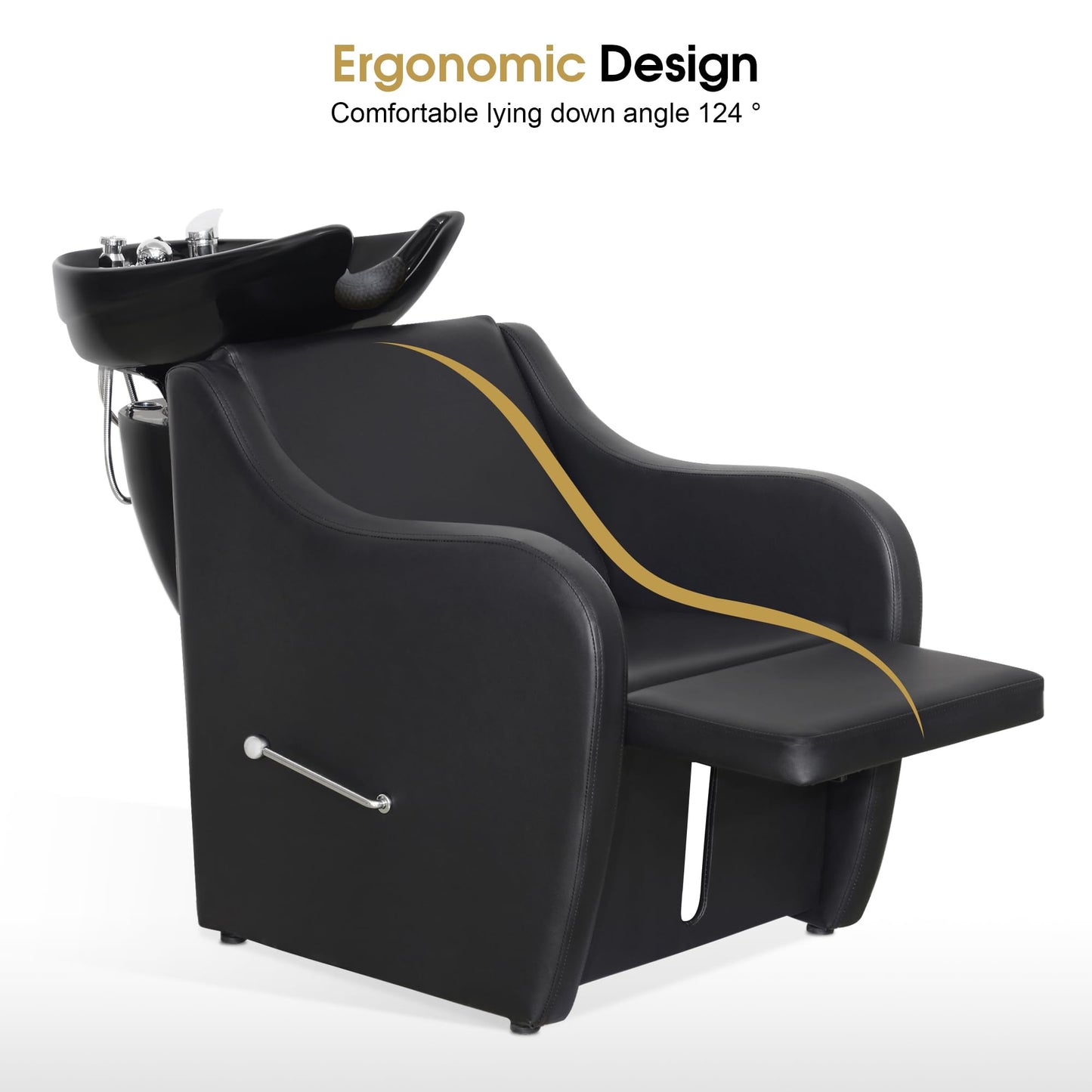 BarberPub Backwash Shampoo Station Chair with Legrest, UPC Ceramic Shampoo Bowl and Chair Set for Home Salon, Barbershop 9089 (Black)