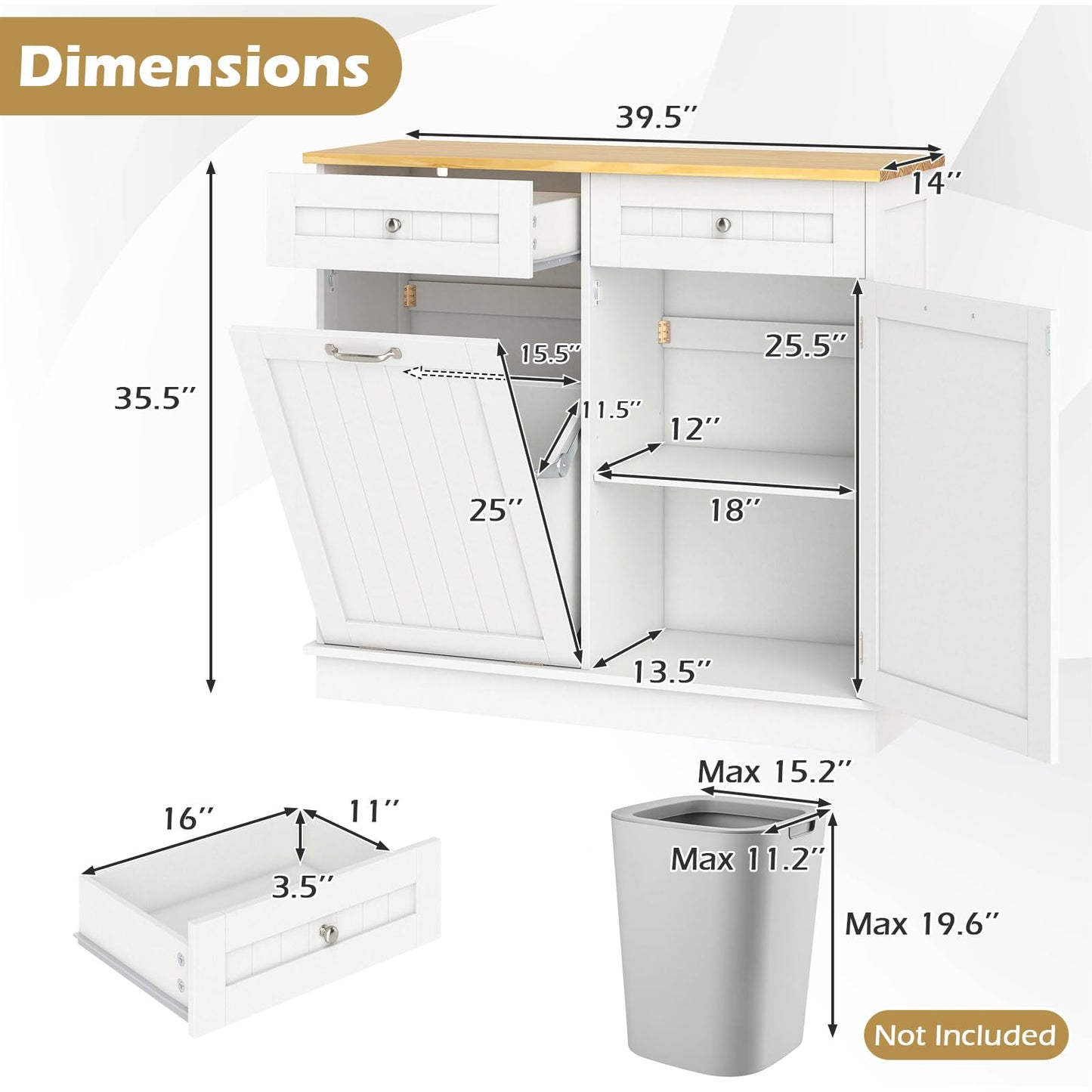 Giantex Tilt Out Trash Can Cabinet, Kitchen Island Table w/Solid Wood Top, 2 Drawers, Adjustable Shelf for Hidden Laundry Hamper, Pet Proof Garbage Can for Dining Living Room (White, 14.5 Gal)
