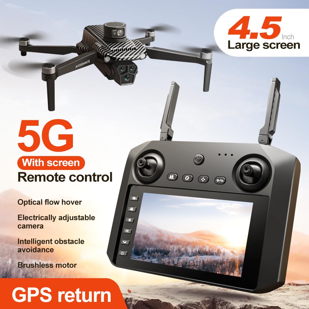GPS Remote Control Drone, HD Quadcopter with 4K Camera, 7.4V 3000mAh Battery (2 Batteries), 4.5-Inch FPV Screen, 5G Real-Time Transmission, Laser Obstacle Avoidance, Brushless Motor, Optical Flow Positioning, LED Lights, Altitude Hold, Intelligent Hover,