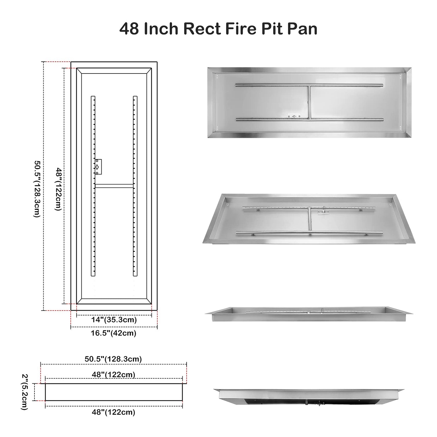 Stanbroil 48 x 14 inch Rectangle Fire Pit Kit with Spark Ignition, Drop-in Natural Gas Firepit Burner for DIY Fire Table Outside Patio Backyard Balcony, Natural Gas Version, 185,000 BTU Max