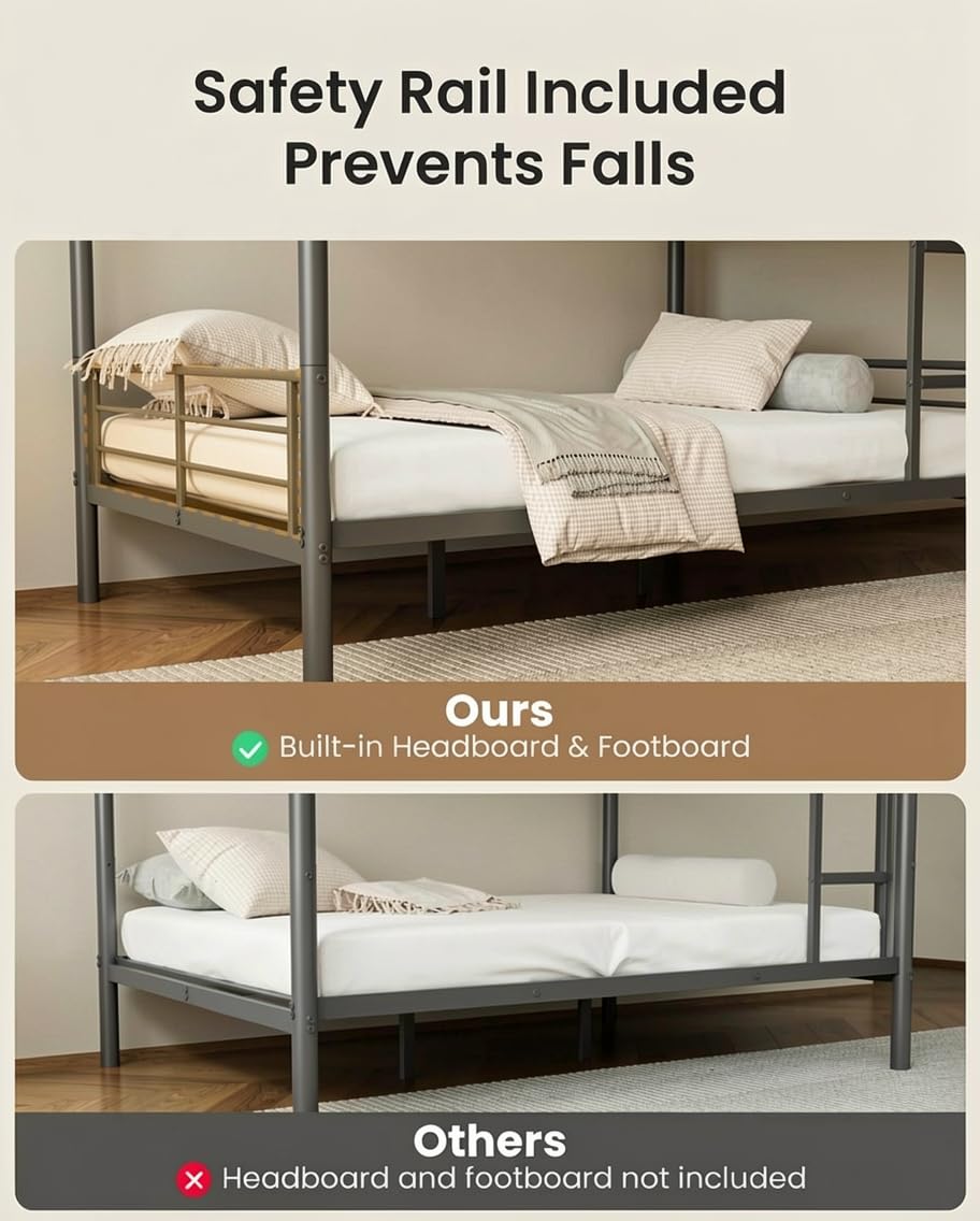 Mixcous Full Over Full Bunk Bed for Adults, Heavy Duty Metal Bunk Bed Frame, Convertible into 2 Full Beds, Noise-Free, Full-Length Guardrails & EVA Padded Ladder, No Box Spring Needed, Black