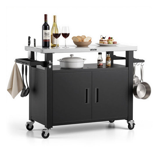 VEVOR Outdoor Grill Cart with Storage Cabinet, 53.1 Inch Grill Table, Waterproof Kitchen Island with Stainless Steel Top, Shelf, and Wheels, Movable Food Prep Station for Patio Bar Backyard BBQ