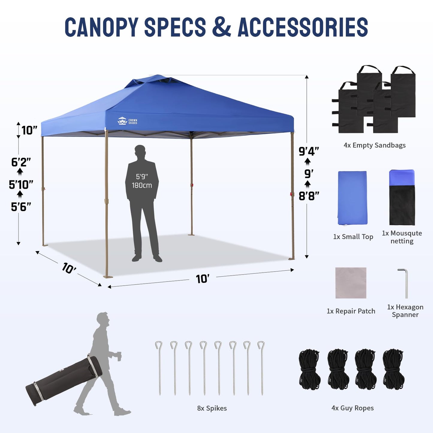 CROWN SHADES Gazebo 10x10 Pop Up Canopy with Mosquito Netting, Screen Tent with 4 Ropes, 8 Stakes, 4 Sandbags and Wheeled Storage Bag, Canopy for Patio & Backyard Parties,Camping&Events -(Blue)
