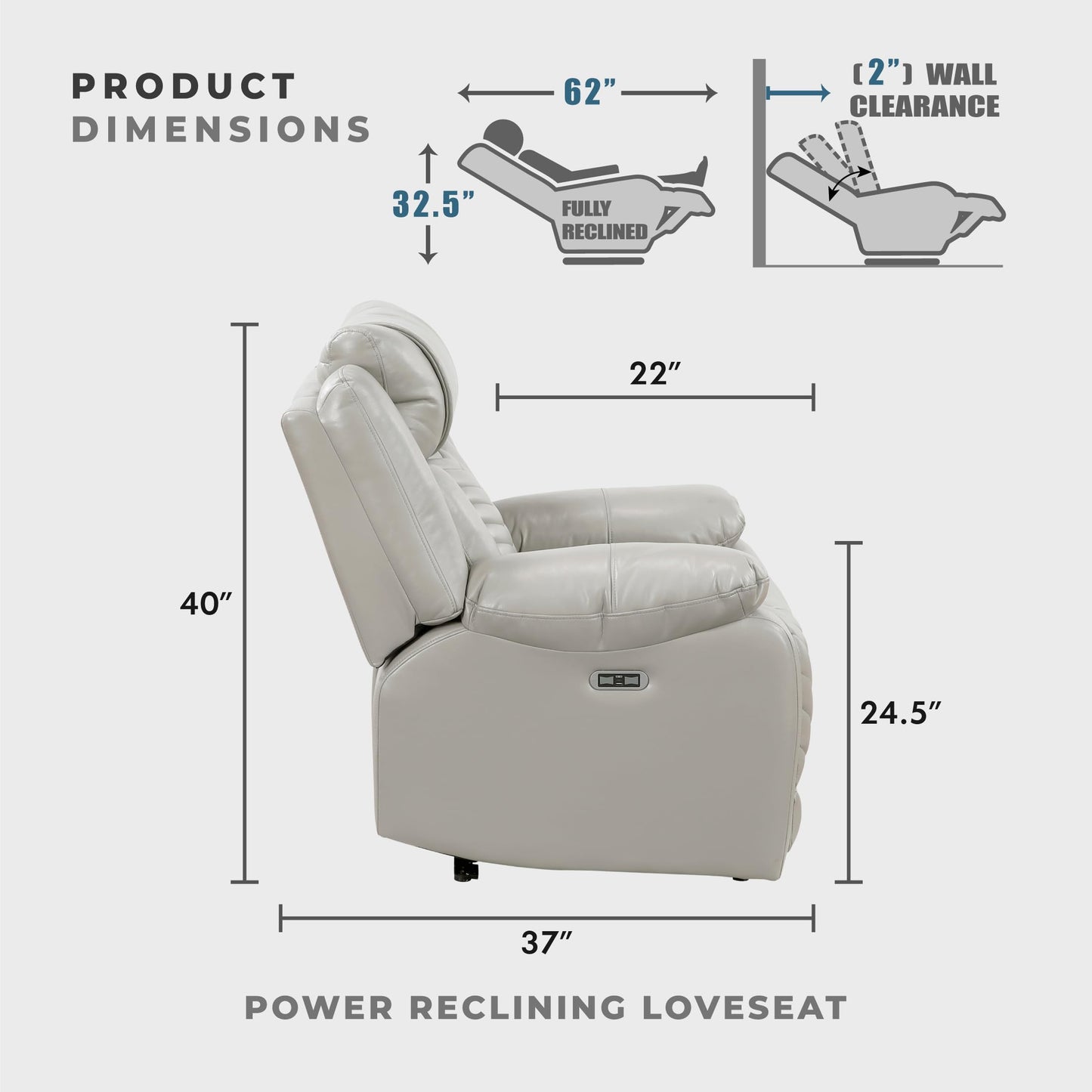 Lexicon Wall Hugger Power Double Reclining Loveseat with Console, Faux Leather Home Theater Seating with LED Lighting, Charging Ports, Bluetooth Speaker Wireless, Cup Holders, Hidden Storage, Gray