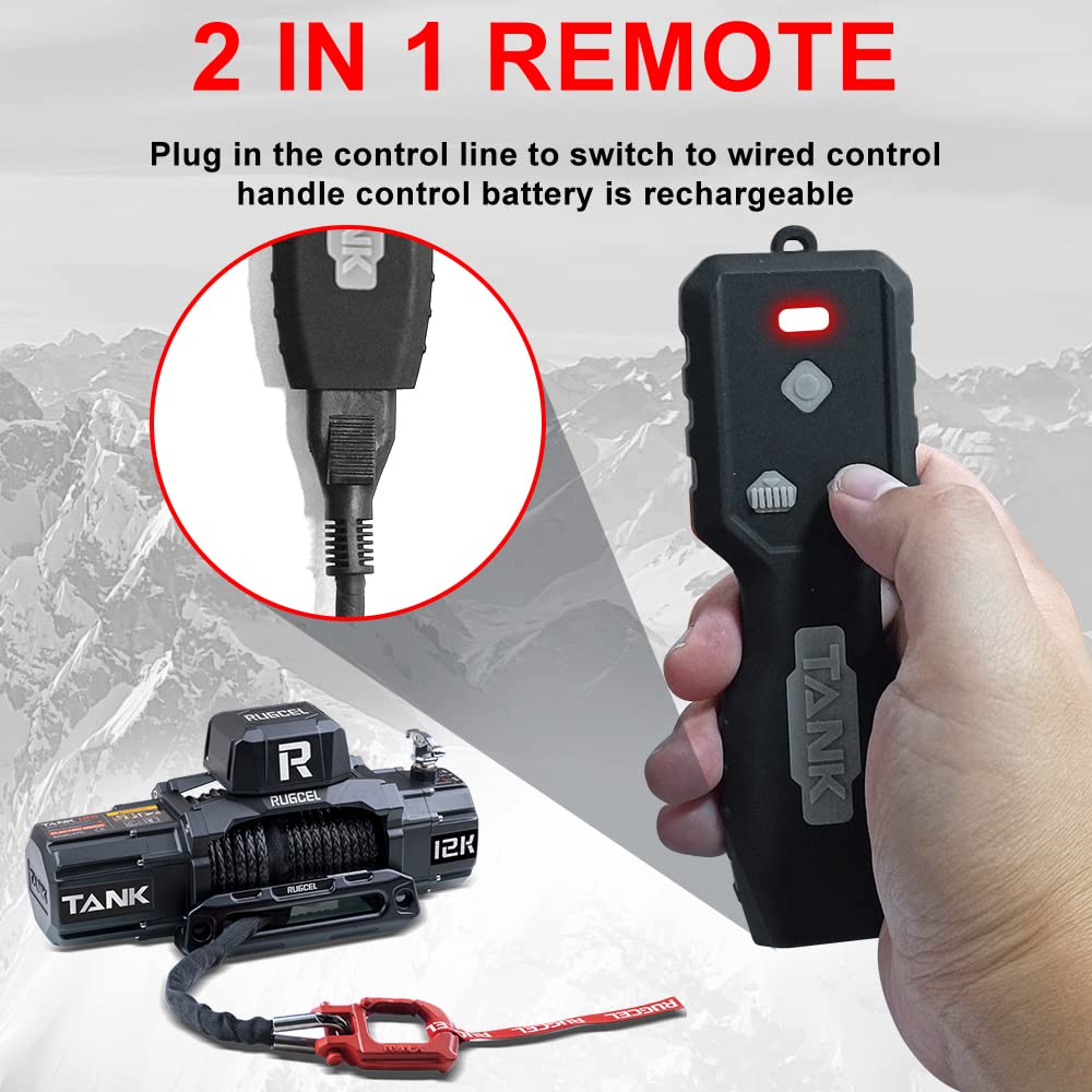 RUGCEL WINCH 12000lb New Waterproof Electric Synthetic Rope Winch 12V with Hawse Fairlead,2 IN 1 Infrared remote control,Wired control,Black Rope,for Truck SUV