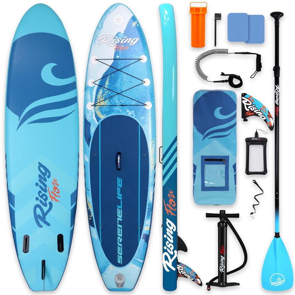 SereneLife Inflatable Stand Up Paddle Board - Wide Stable Design, Non-Slip Deck for Adults & Youth with Premium Paddle Board Accessories: Carry Bag, Dual Action Pump, Paddle, Ankle Leash - 10'6"