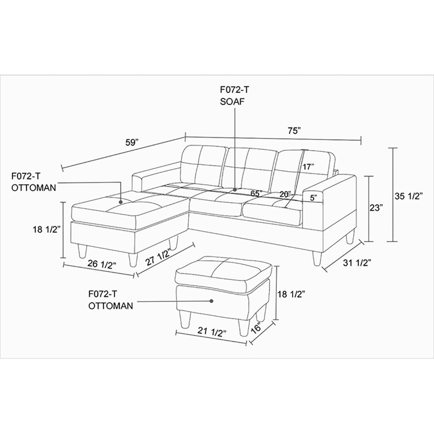 Trygoal 75 inch L-Shape Sofa with Storage Ottoman, Leather Sectional Couch with Right Chaise, Modern 3-Piece Sofa Set, Upholstered Couch Set with Solid Wood Frame for Apartment, Loft, Grey