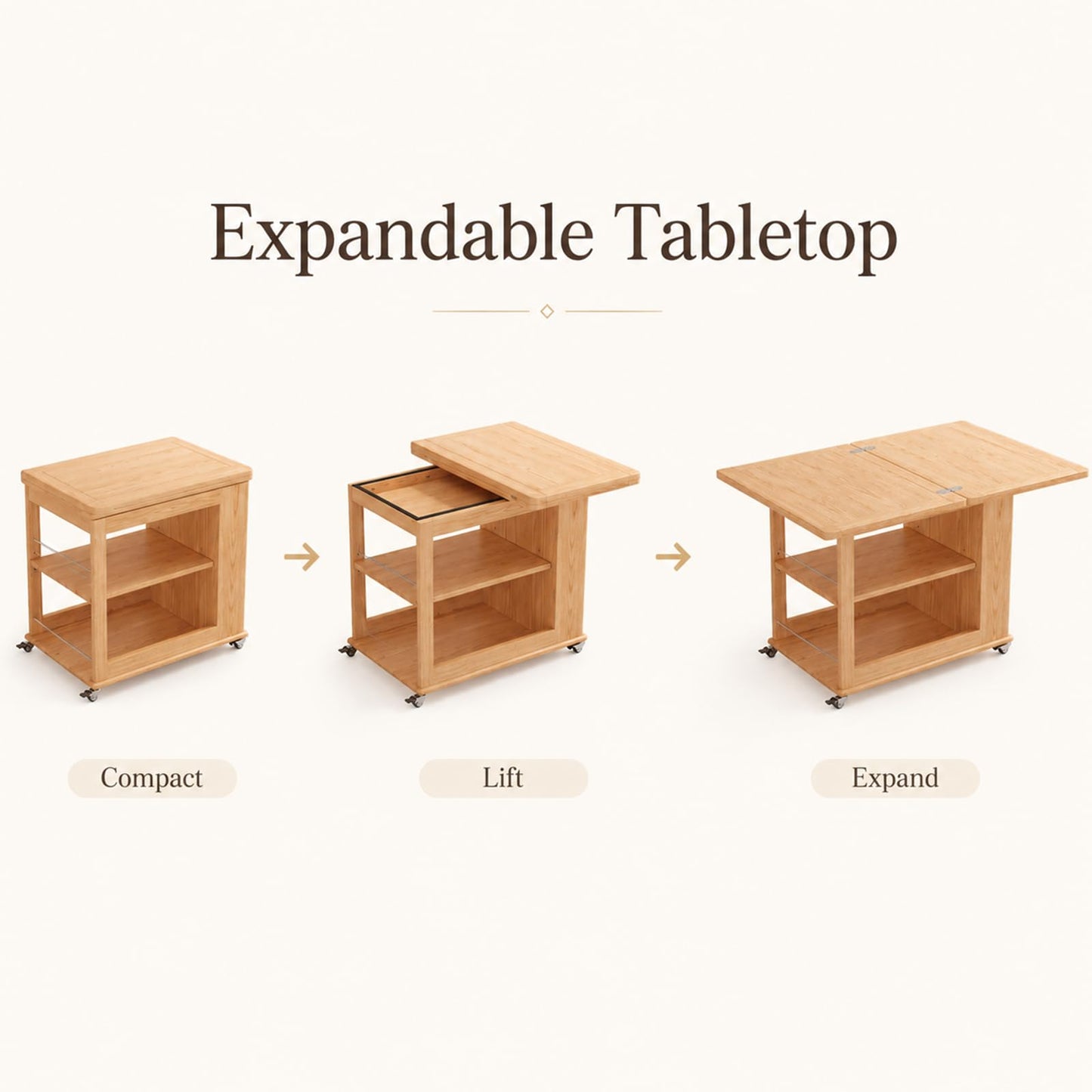 YQJJGL Expandable Coffee Table with Hidden Storage and Wheels, Convertible Wood Center Table with 2-Tier Adjustable Shelves, Rolling Coffee Table for Living Room, Small Spaces,Natural
