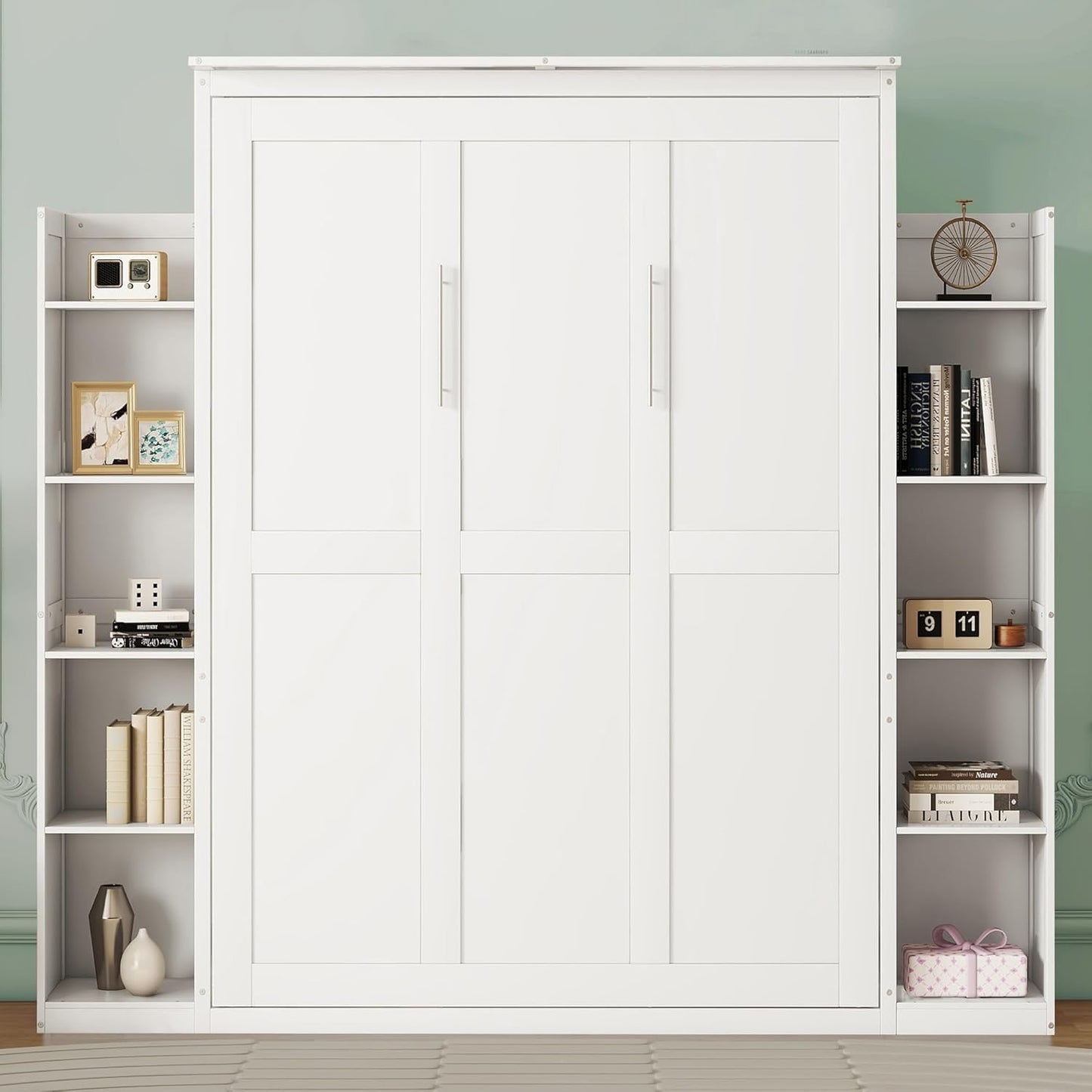 MERITLINE Queen Murphy Bed with Storage Shelves and LED Lights, Wood White Murphy Wall Bed Cabinet with Bookcase Bookshelf for Adults