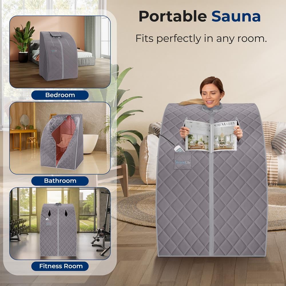 SereneLife Portable Infrared Home Spa | One Person Sauna | Heating Foot Pad and Chair, Gray (SLISAU10GRY)