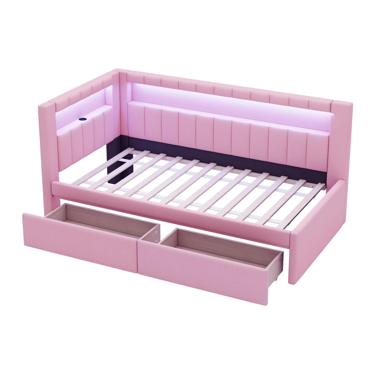 Merax Twin Size Modern Upholstered Platform Bed with USB Ports & Storage Drawers, Floor Sofa Daybed with Wood Slat Support, Storage Bed Frame with Headboard/Twin, Pink