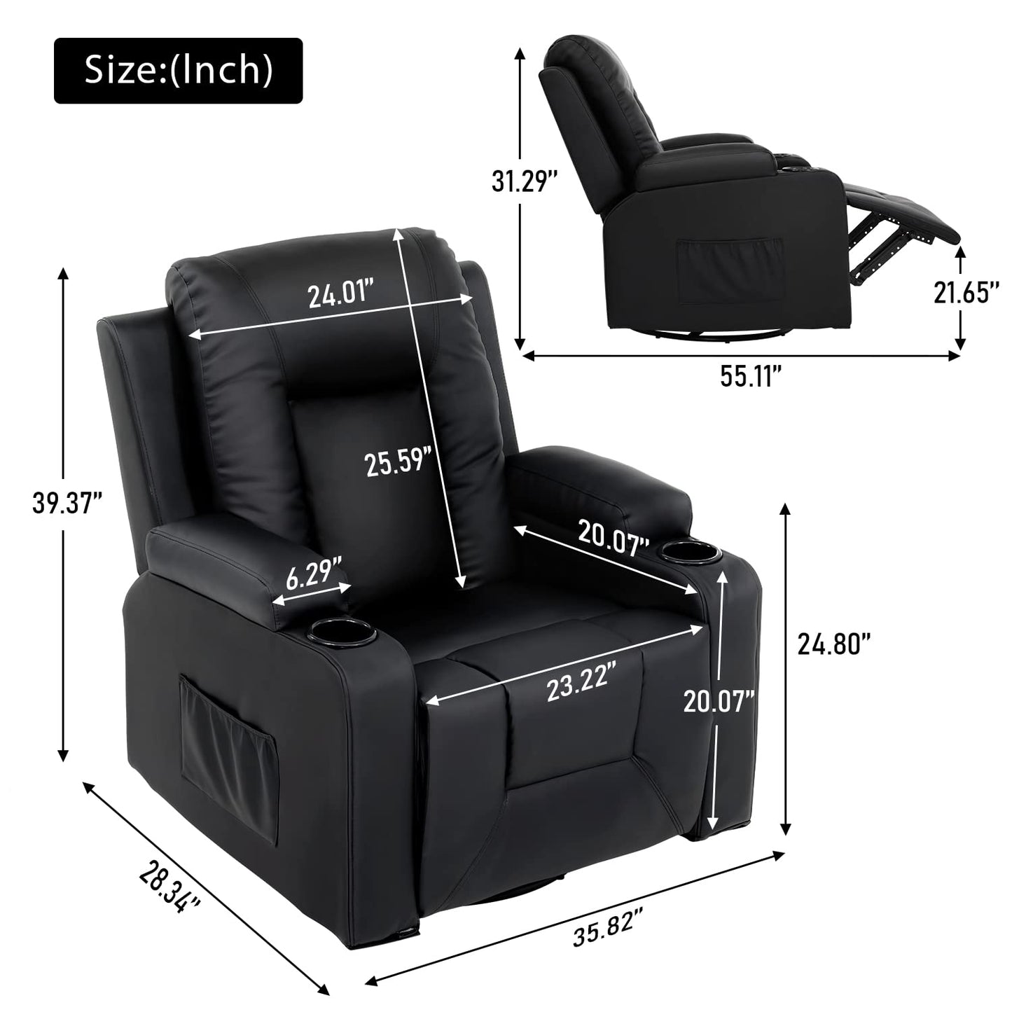 COMHOMA Recline Chair Set，Furniture 3PC Bonded Leather Recliner Set Living Room Set, Sofa, Recline Chair with massger(Black,Living Room Set 3)